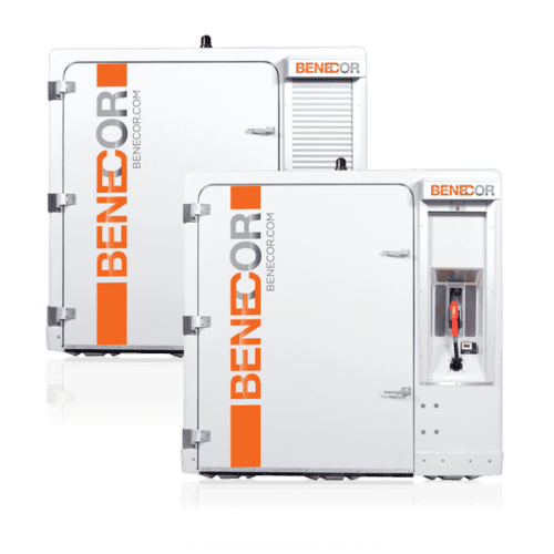 Two white and orange DEF Fleet Tote 500 Gallon Dispensing & Storage with the word bencor on them.