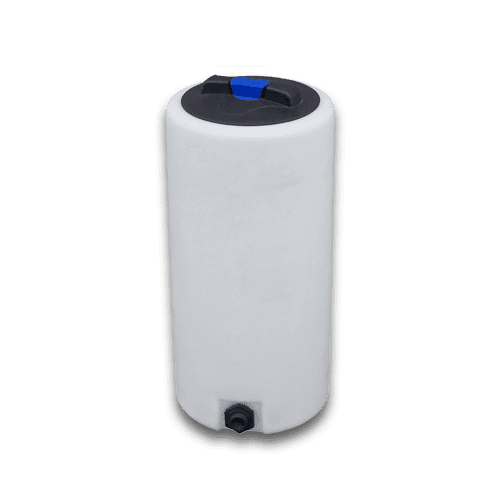 A white Vertical Storage Tank with a blue lid on a black background.